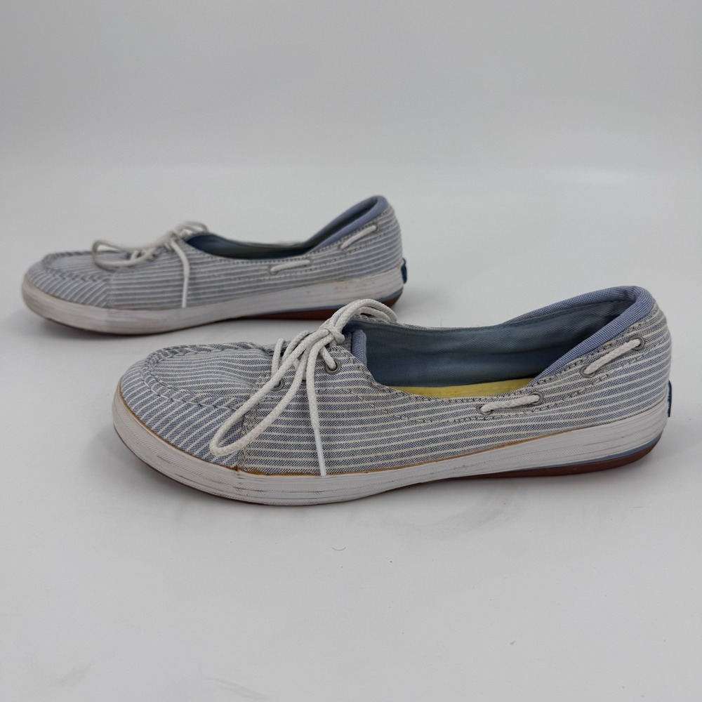 Keds Boat Shoes Womens US 9 Blue White Striped Canvas Comfort Moc Toe Lace Up